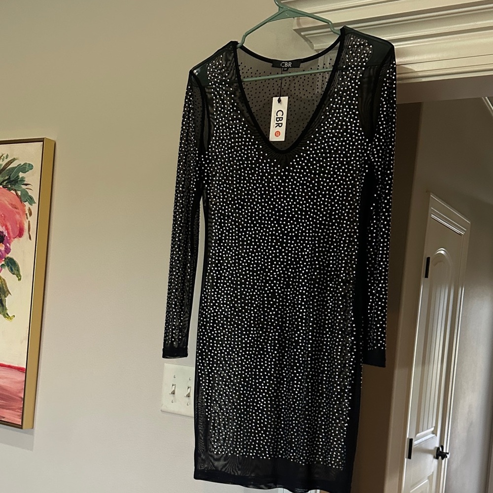 CBR Black Mesh Rhinestone Long Sleeve V-Neck Mini Dress